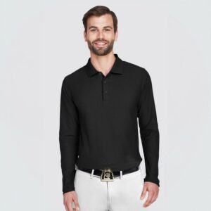 Mens Long-Sleeve Antimicrobial Cooling UPF 30+ Equestrian Polo Shirt with Three Buttons
