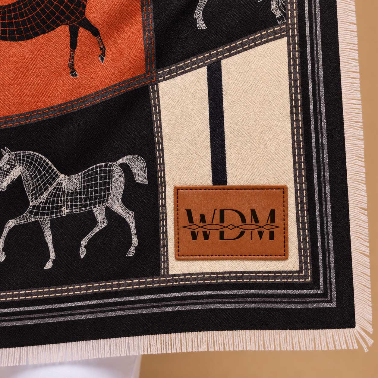 Personalized Equestrian Scarf – Cadence Horse Motif Oversized Wrap with Custom Vegan Leather Patch 1 Personalized Equestrian Scarf – Cadence Horse Motif Oversized Wrap with Custom Vegan Leather Patch