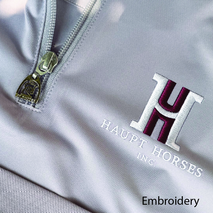 Detailed custom embroidery on premium equestrian apparel
