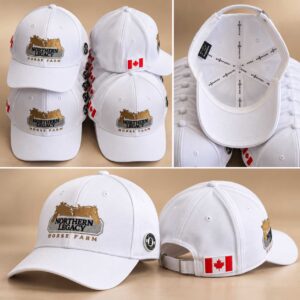Collage of white SP Rhodes wholesale ball caps embroidered with the Northern Legacy Horse Farm logo and a Canadian flag detail, shown from several angles
