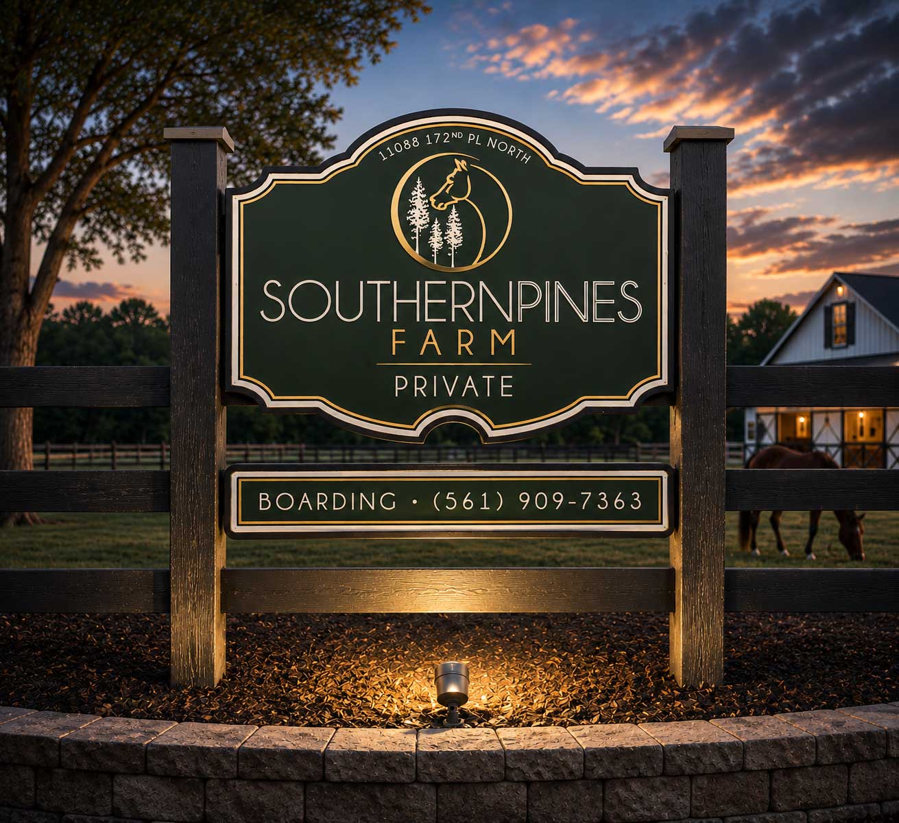 Custom Southern Pines horse farm entrance sign
