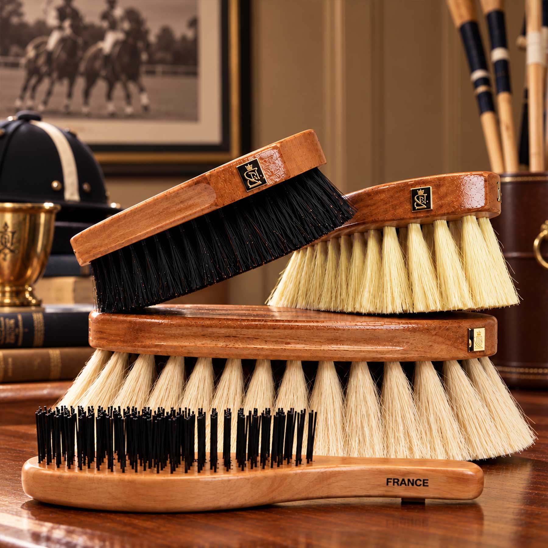 SP Rhodes engraved horse brushes
