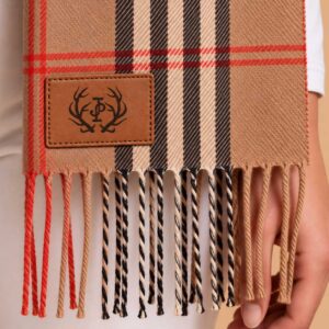 Personalized Equestrian Scarf – Vienna Plaid Horse Motif Oversized Wrap with Custom Vegan Leather Patch